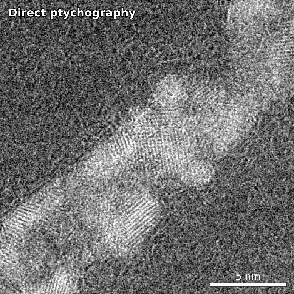 Animation alternating between a direct-ptychography reconstruction and a fused full-field STEM reconstruction of Gd2O3 nanohelices, showing the gap-free contrast of the fused result