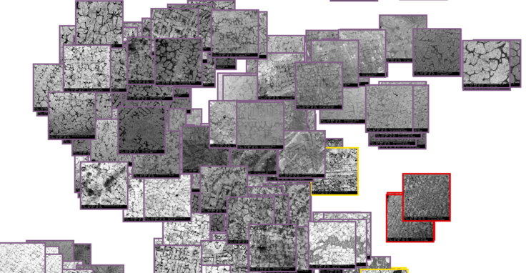 Micrographs arranged on a 2-D embedding manifold.