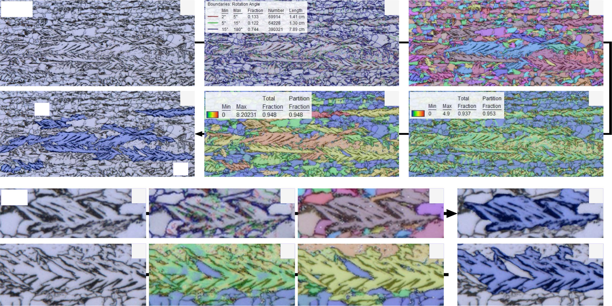 LOM, SEM, and EBSD overlays of the same microstructure.